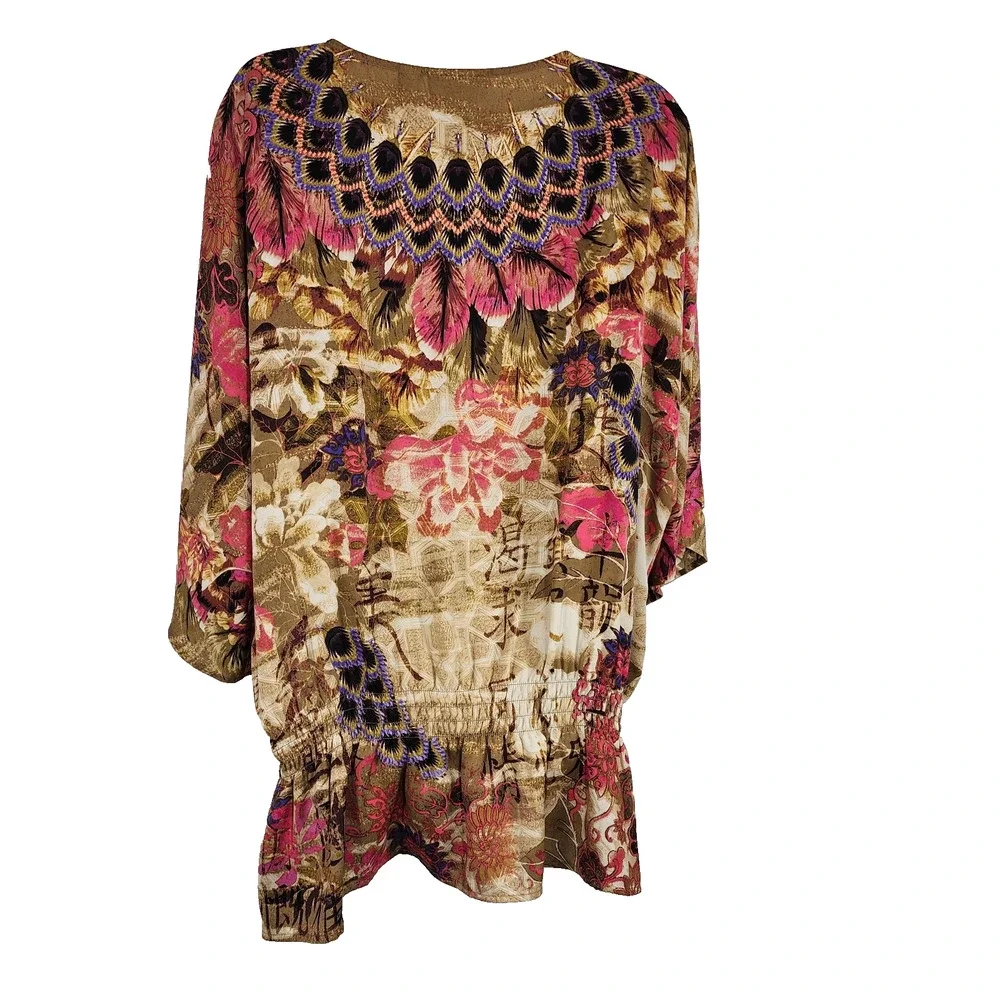 Chicos Peacock Floral Print Beaded Smocked Waist Blouse Size 3 US XL Artsy Boho